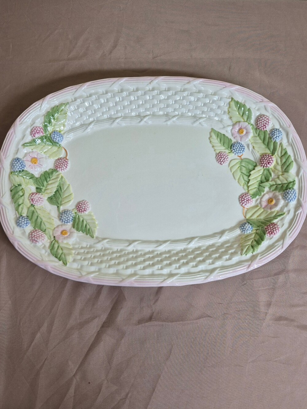 Hand-Painted Floral Ceramic Serving Platter in Pink and Green